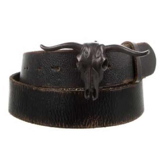 Ralph Lauren * Made in Italy Steer Head Black Distressed Calf Leather Belt - Picture 1 of 15